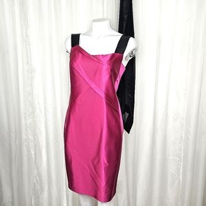 Roland Mouret Fuchsia Pink Black Asymmetric Neck Cocktail Dress Side Zip 10
